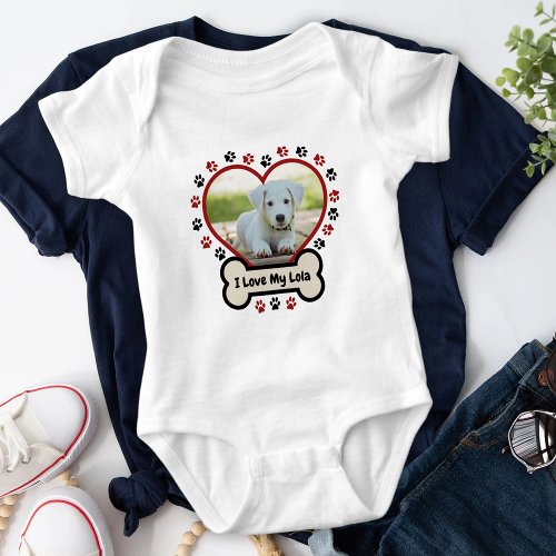 I Love My Dog Cute Red Heart Photo Beige Bone Paws Baby Bodysuit