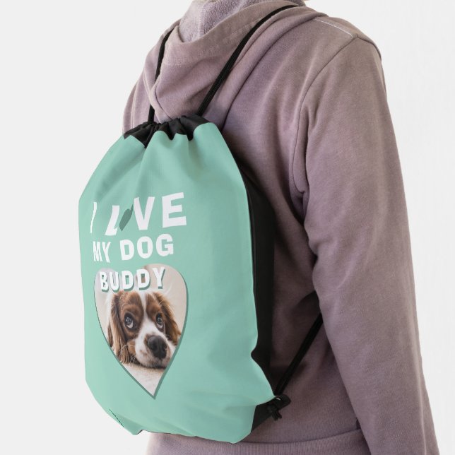 I love my Dog Heart Pet Name Photo Drawstring Bag (Insitu)