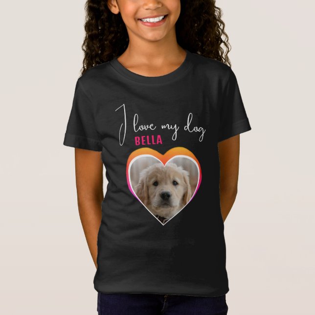 I love my Dog Heart Pet Photo Name Black Girl's T-Shirt (Front)