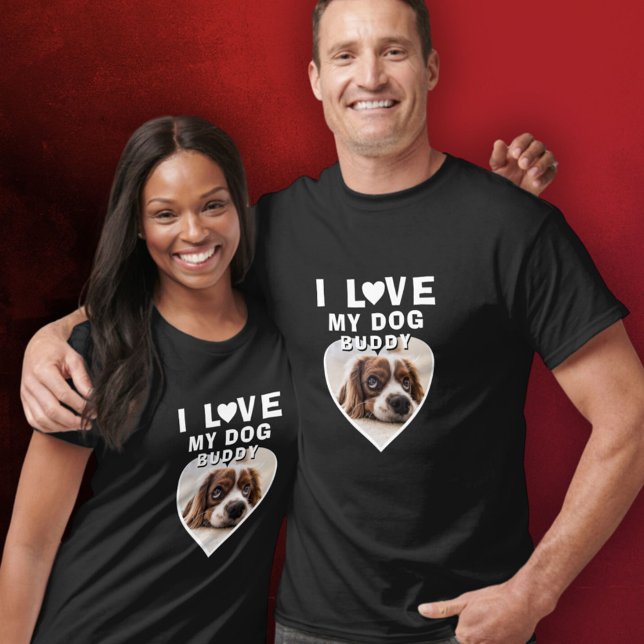 I love my Dog Heart Photo Pet Name Black T-Shirt (Creator Uploaded)