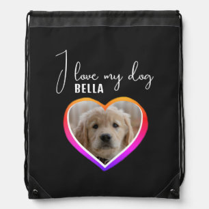 I love my Dog Heart Photo Pet Name  Drawstring Bag