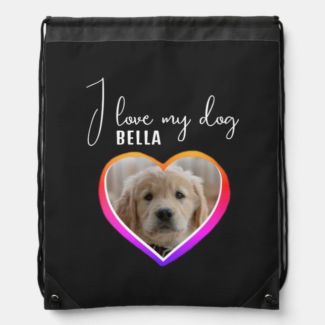 I love my Dog Heart Photo Pet Name  Drawstring Bag (Front)