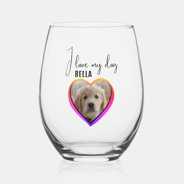 I love my Dog Heart Photo Pet Name Stemless Wine Glass (Front)