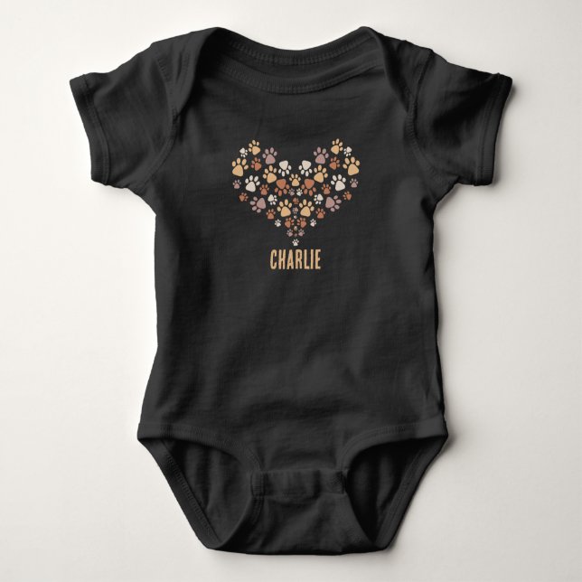 I Love My dog Paw Heart Personalized Cute Pet Name Baby Bodysuit (Front)