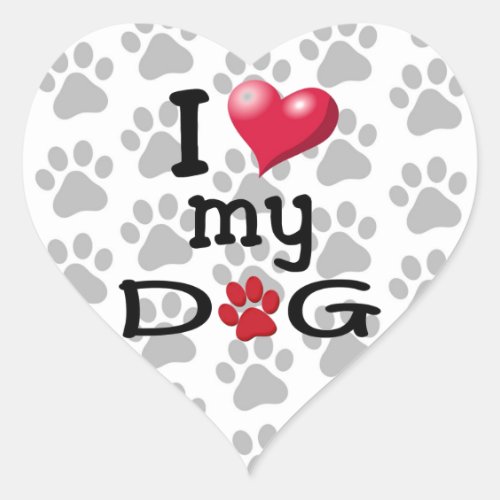 I Love My Dog Paw Watermark Heart Sticker