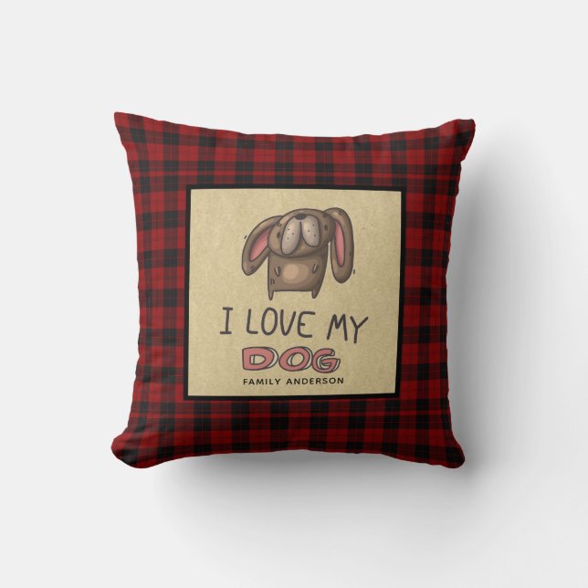 I LOVE MY DOG Personalized Cute Buffalo Plaid Throw Pillow (Front)