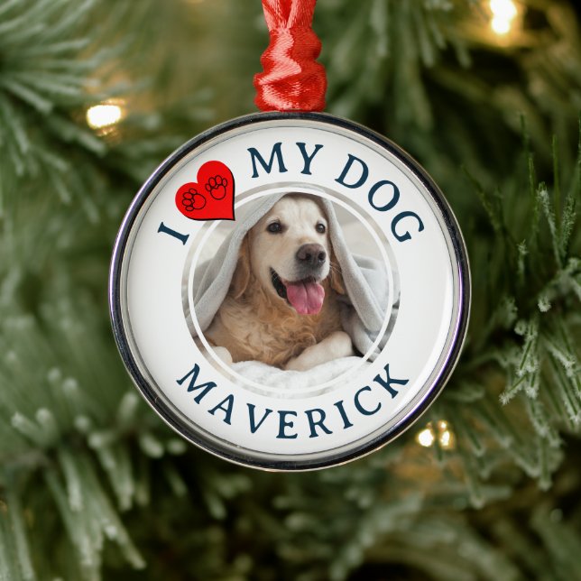 I LOVE MY DOG Personalized Furbaby Photo Gift Metal Ornament (Tree)