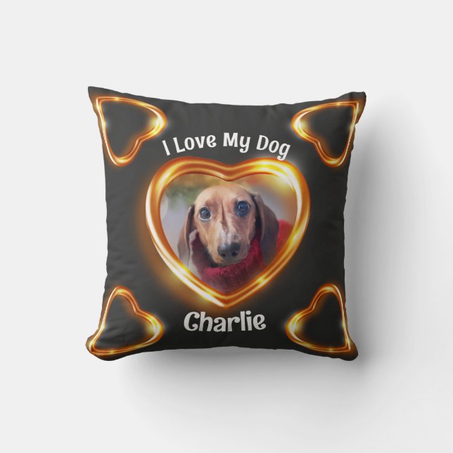 I Love My Dog Pet Glowing Heart Throw Pillow (Front)