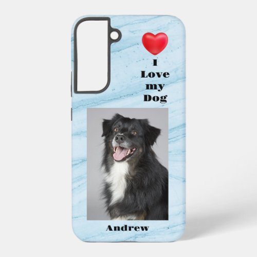 I Love My Dog photo and name on  Blue Marble  Samsung Galaxy S22 Case