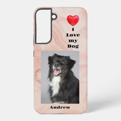 I Love My Dog photo and name on Pink Marble Samsung Galaxy S22 Case