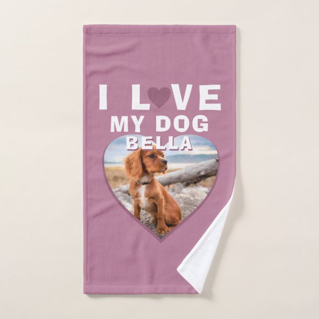 I love my Dog Pink Heart Pet Name Photo Bath Towel Set (Hand Towel)