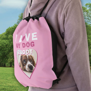 I love my Dog Pink Heart Pet Name Photo Drawstring Bag