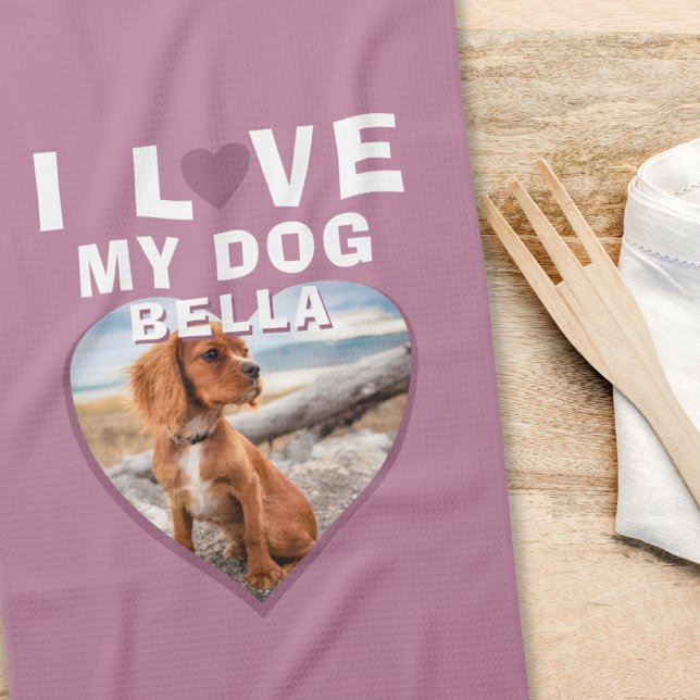 I love my Dog Pink Heart Pet Name Photo Kitchen Towel (Creator Uploaded)