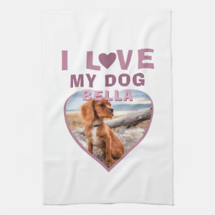 I love my Dog Pink Heart Photo Pet Name Kitchen Towel