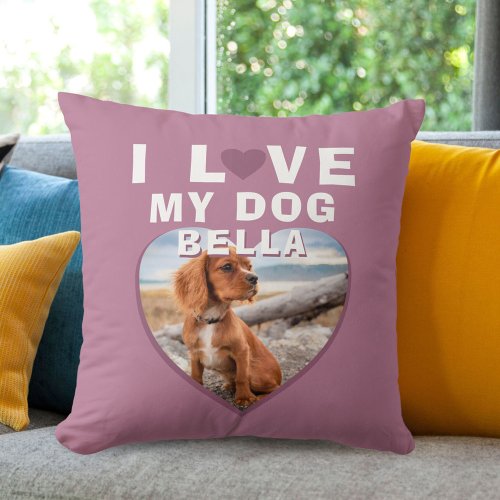 I love my Dog Pink Heart Photo Pet Name Throw Pillow