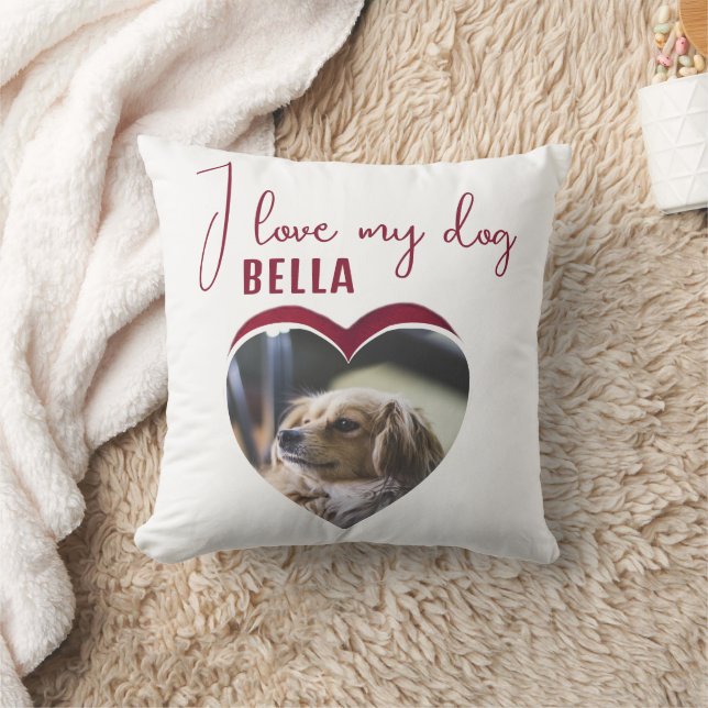 I love my Dog Red Heart Photo Pet Name Throw Pillow (Blanket)