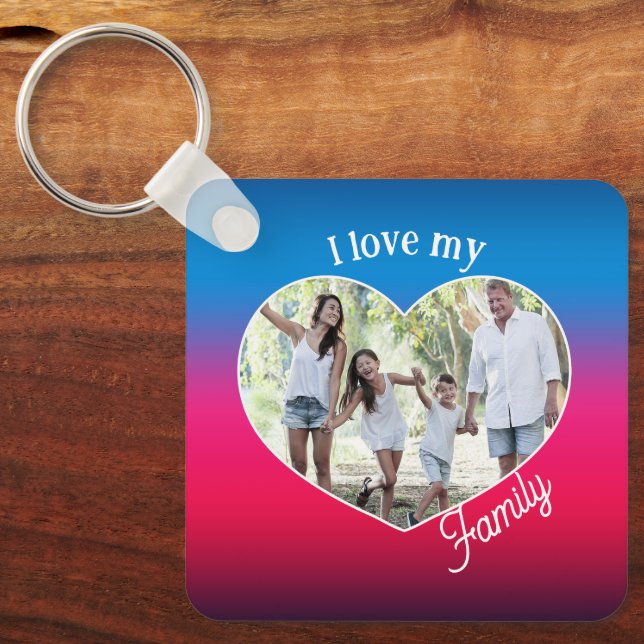 I Love my Family Heart Shape Color Photo Keychain (Front)