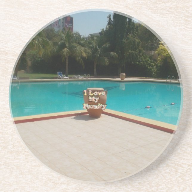 I Love My Family Poolside Art Sandstone Coaster (Front)