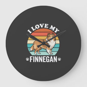 I Love My Finnegan Sheltie Retro Sunset Large Clock