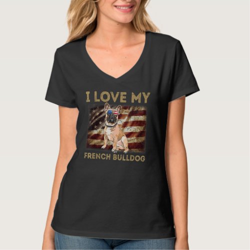 I Love My French Bulldog Dad Mom American Flag Wei T_Shirt