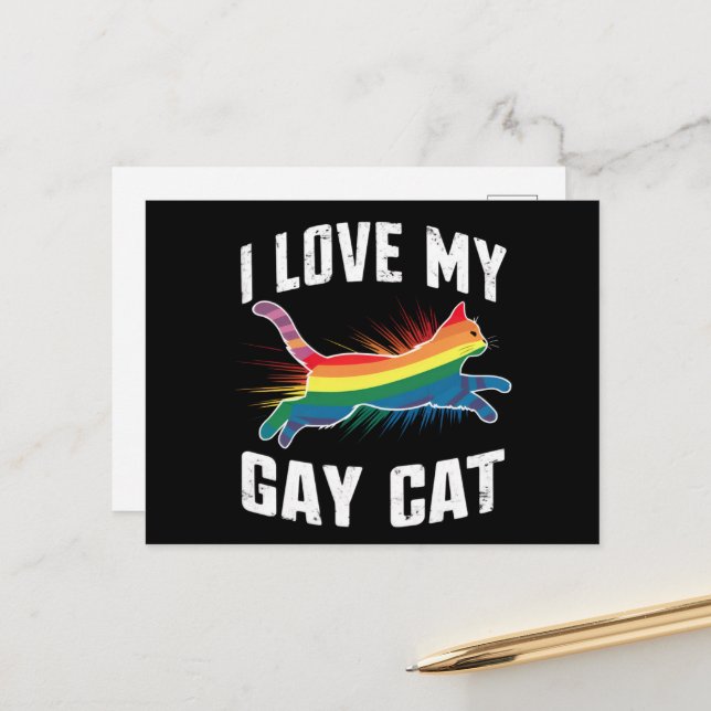 I Love My Gay Cat Funny Rainbow Pride Lgbt Postcard (Front/Back In Situ)