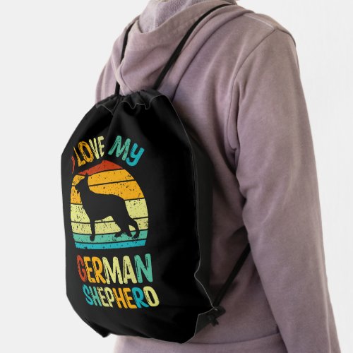 I Love My German Shepherd Dog Blue Brown Sunset  Drawstring Bag