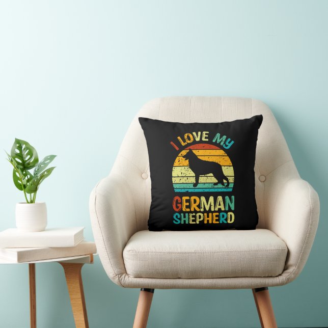 I Love My German Shepherd Dog Blue Brown Sunset Throw Pillow (Chair)