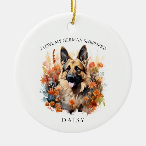 I Love My German Shepherd Floral Dog Portrait Ceramic Ornament