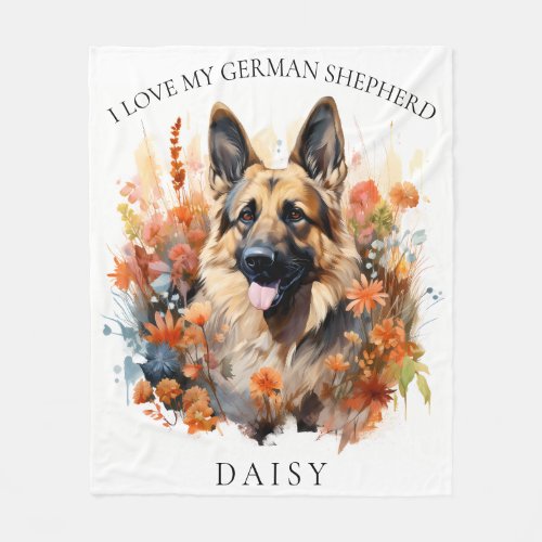 I Love My German Shepherd Floral Dog Portrait Fleece Blanket