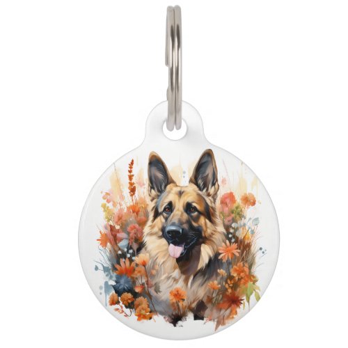 I Love My German Shepherd Floral Dog Portrait Pet ID Tag