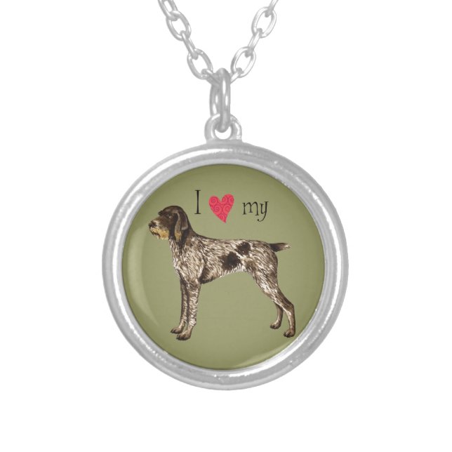 I Love my German Wirehaired Pointer Silver Plated Necklace (Front)