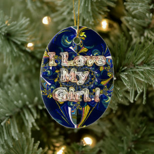 I Love My Girl: Abstract Blue & Golden Fractal Art Ceramic Ornament