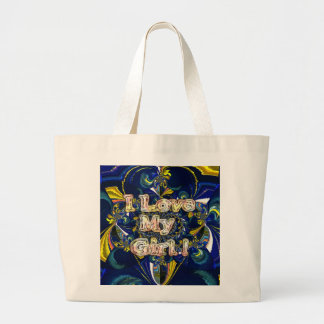 I Love My Girl: Abstract Blue & Golden Fractal Art Large Tote Bag
