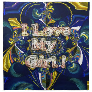 I Love My Girl: Abstract Blue & Golden Fractal Art Napkin