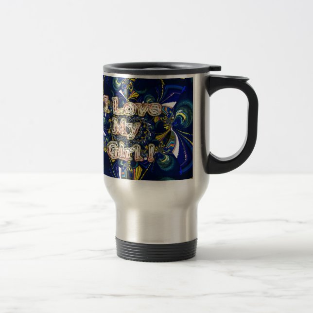I Love My Girl: Abstract Blue & Golden Fractal Art Travel Mug (Right)