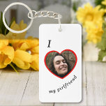 I Love My Girlfriend Boyfriend Custom Photo Text Keychain<br><div class="desc">Upload a photo, and easily create your personalized keychain. Click EDIT to change the background color or text color. You can TRANSFER this DESIGN on other Zazzle products and adjust it to fit most of the Zazzle items. Standard Studio designs are made in high-resolution vector graphics for a professional print....</div>