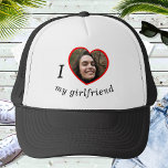 I Love My Girlfriend Boyfriend Custom Photo Text Trucker Hat<br><div class="desc">Upload a photo, customize the text, and easily create your personalized baseball hat. Click CUSTOMIZE FURTHER to change the text color. You can TRANSFER this DESIGN on other Zazzle products and adjust it to fit most of the Zazzle items. Standard Studio designs are made in high-resolution vector graphics for a...</div>