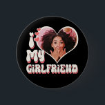 I Love My Girlfriend Custom Black Button<br><div class="desc">Cute bubbly retro font that says " I Love My GIRLFRIEND" - upload a photo for inside the heart (best to crop before upload). Retro colors can be changed in "Edit using Design Tool" section. Comes in white with pink and red color ways. Part of a collection including tshirt, mug,...</div>