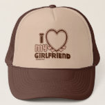 I Love My Girlfriend Custom Trucker Hat<br><div class="desc">cute and bubbly font that says " I Love My GIRLFRIEND" with a huge heart that allows you to insert your image,  in the color brown and light pink</div>