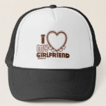 I Love My Girlfriend Custom Trucker Hat<br><div class="desc">cute and bubbly font that says " I Love My GIRLFRIEND" with a huge heart that allows you to insert your image,  in the color black and light pink</div>