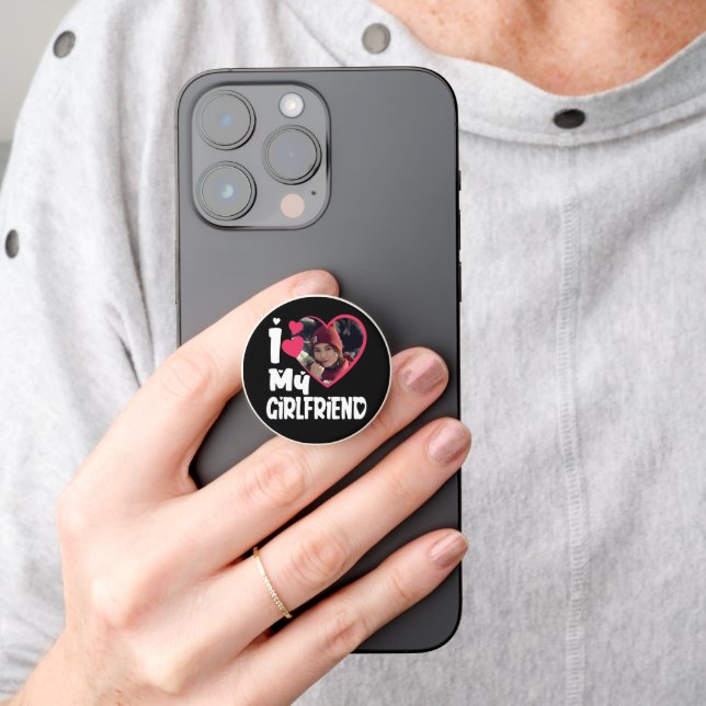 I Love My Girlfriend Heart Personalized Photo  PopSocket (Hand)