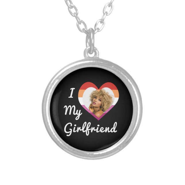 I Love My Girlfriend Lesbian Pride Custom Photo Silver Plated Necklace (Front)