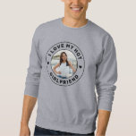 I Love My Girlfriend Logo Personalized Photo Sweatshirt<br><div class="desc">Gray Retro Vintage Style Classic Sweatshirt Personalized "I Love my Hot Girlfriend" custom text and photo design that you can use to create your own "I love my girlfriend" sweat shirt. Colors and fonts can be edited with the Template Design Tool. This style is perfect for a simple, minimal, more...</div>