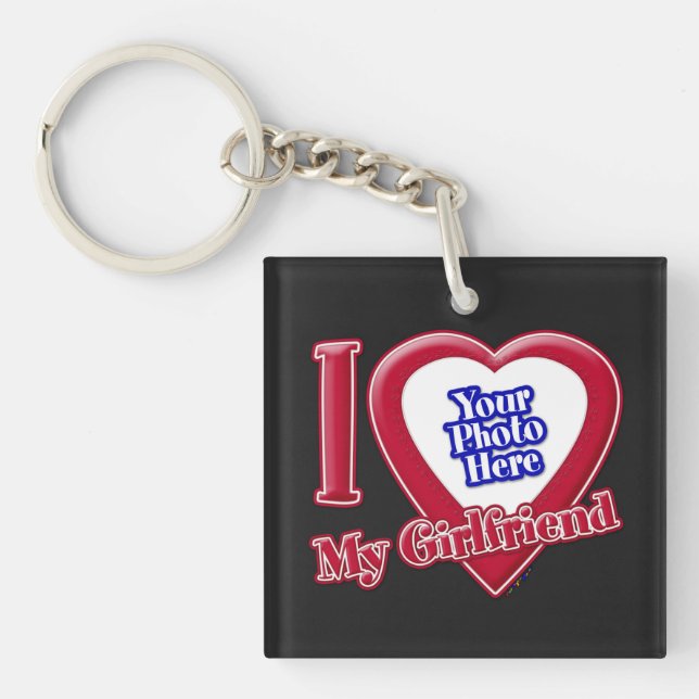I Love My Girlfriend Photo Red Heart Black Keychain (Front)