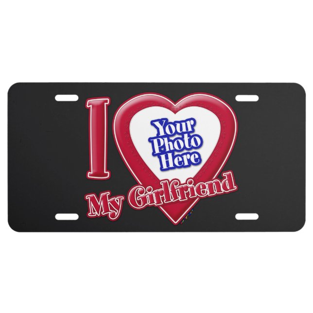 I Love My Girlfriend Photo Red Heart Black License Plate (Front)