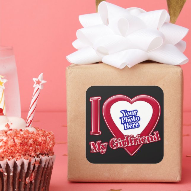 I Love My Girlfriend Photo Red Heart Black Square Sticker (Party)