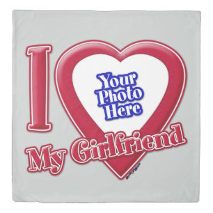 I Love My Girlfriend Photo Red Heart Grey Duvet Cover
