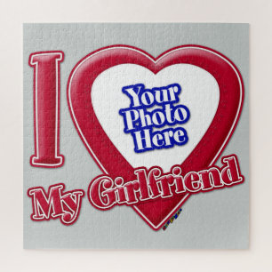 I Love My Girlfriend Photo Red Heart Grey Jigsaw Puzzle
