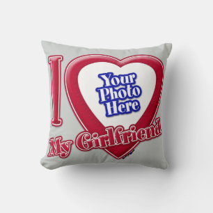 I Love My Girlfriend Photo Red Heart Grey Throw Pillow