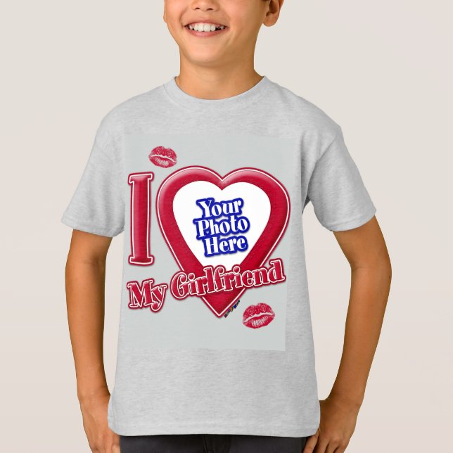 I Love My Girlfriend Photo Red Heart Kiss Grey T-Shirt (Front)